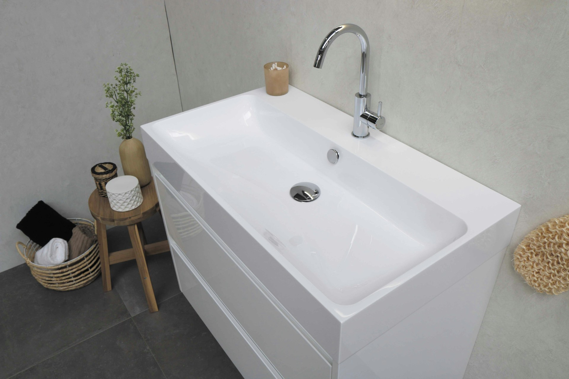 Designer countertop basin with premium wall-mounted tap