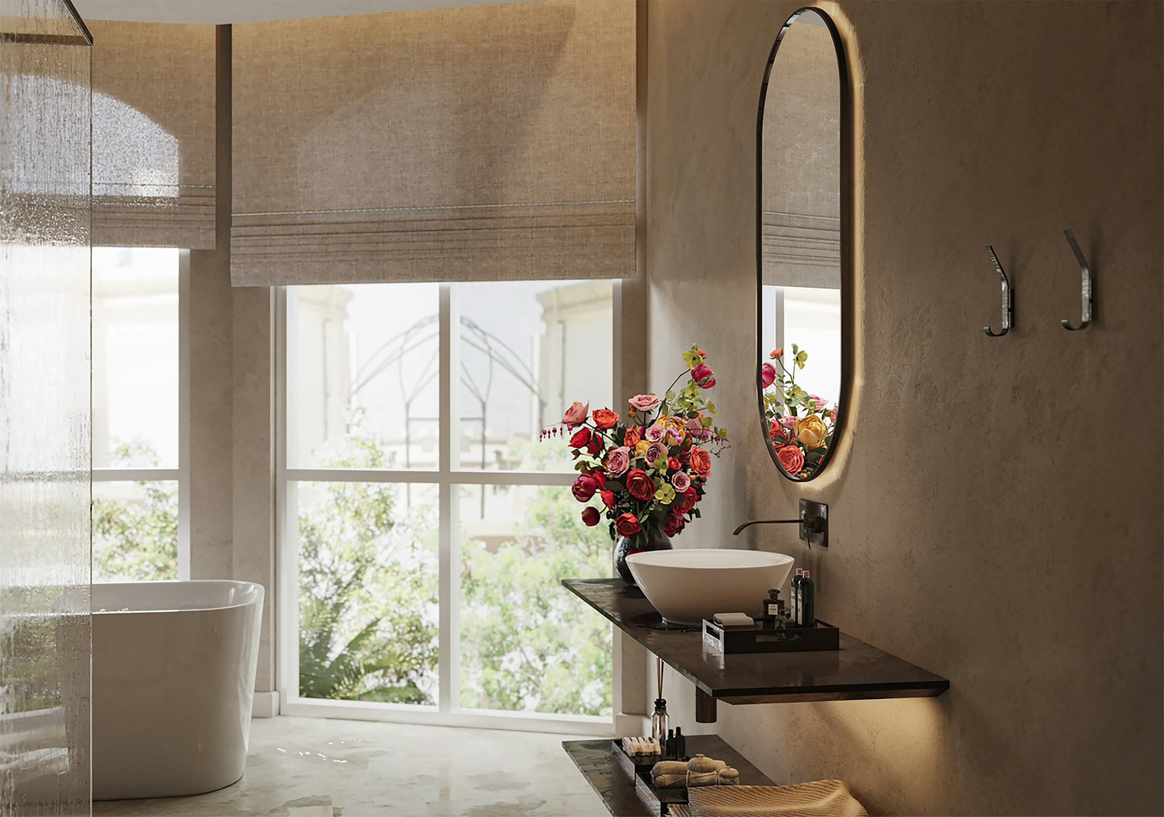 Ultra-luxury spa bathroom with marble walls and freestanding bath