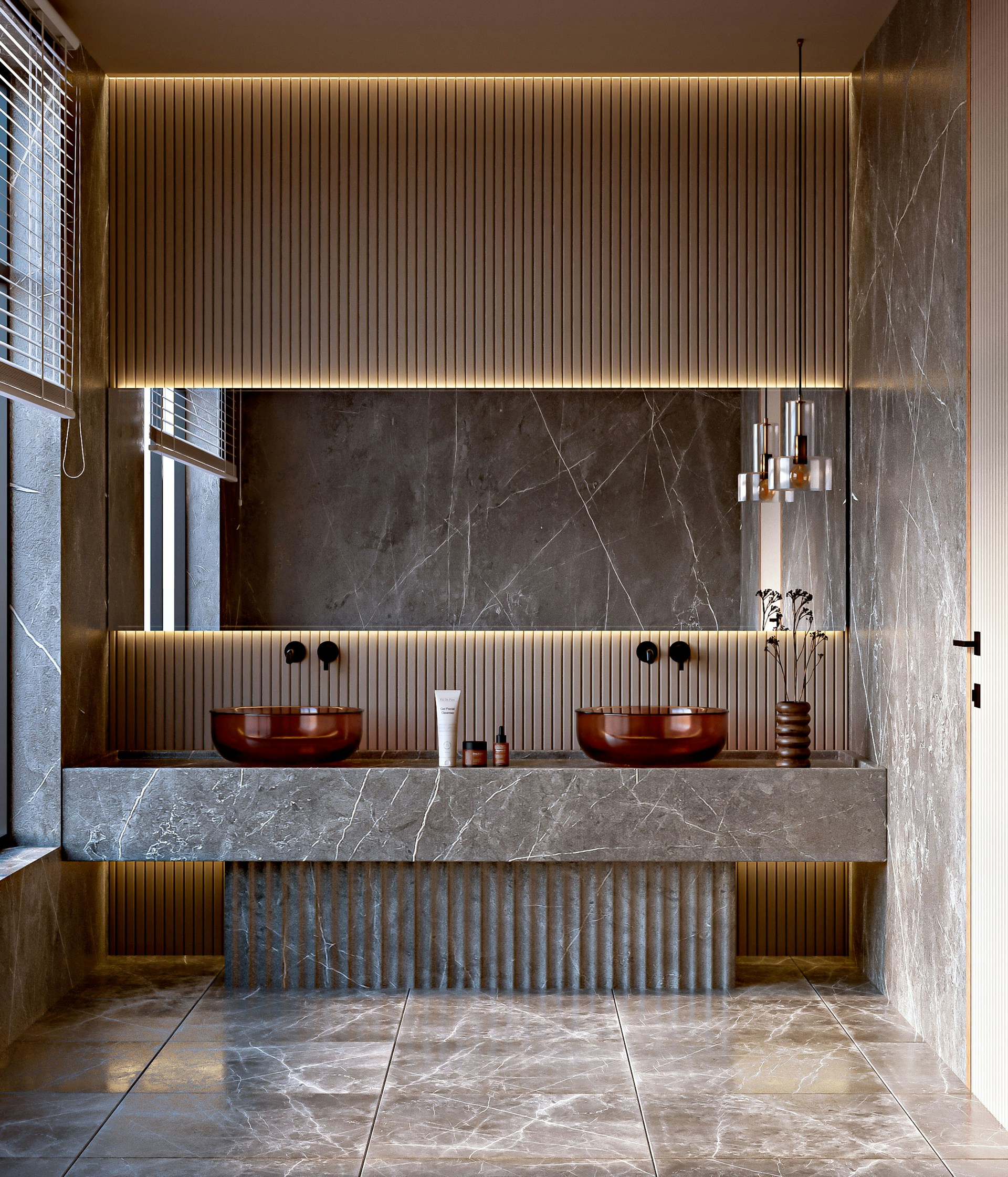 Ultra large format porcelain slabs creating seamless minimalist surfaces