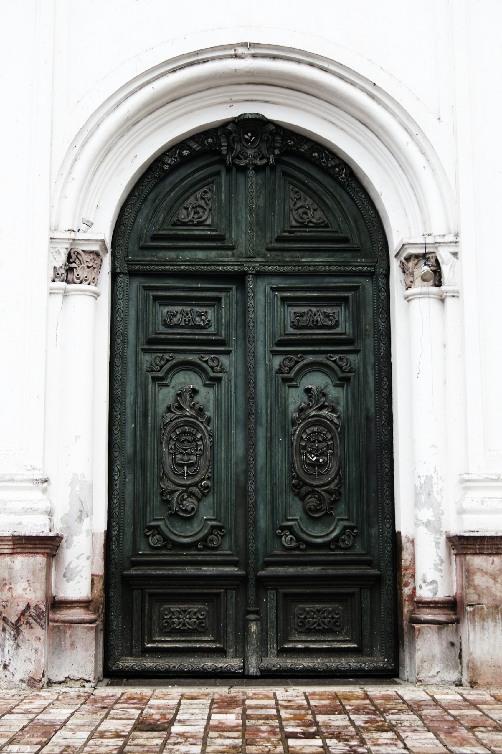 Ornamental interior door with decorative detailing in a luxurious hallway setting