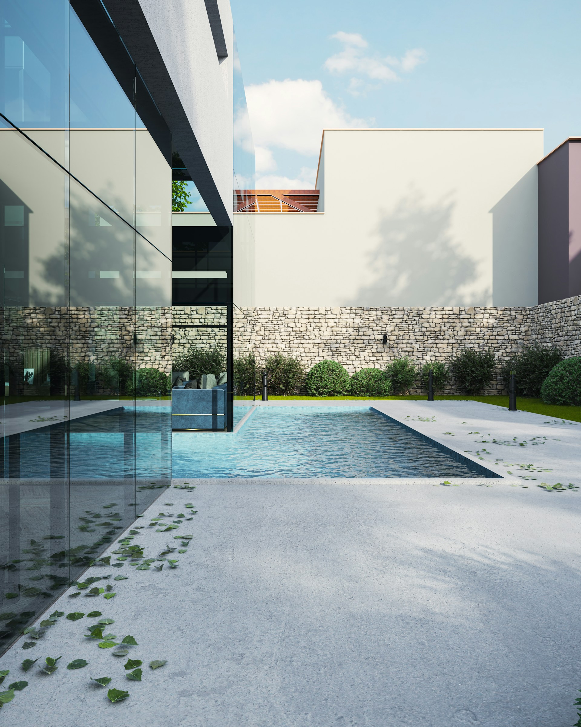 Outdoor porcelain paving slabs on a contemporary terrace with pool surrounds