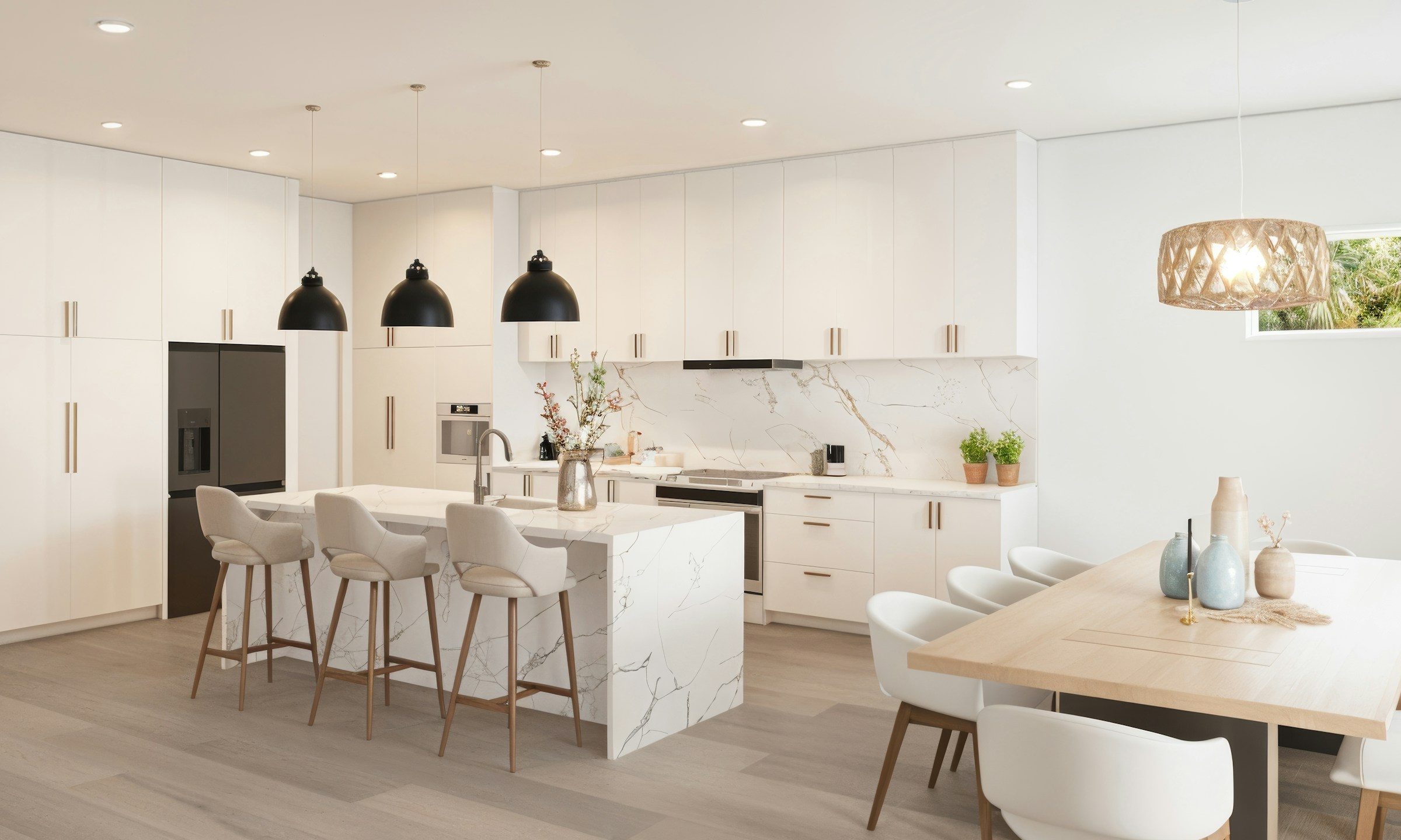 Luxury vinyl tile flooring in a modern kitchen with warm tones