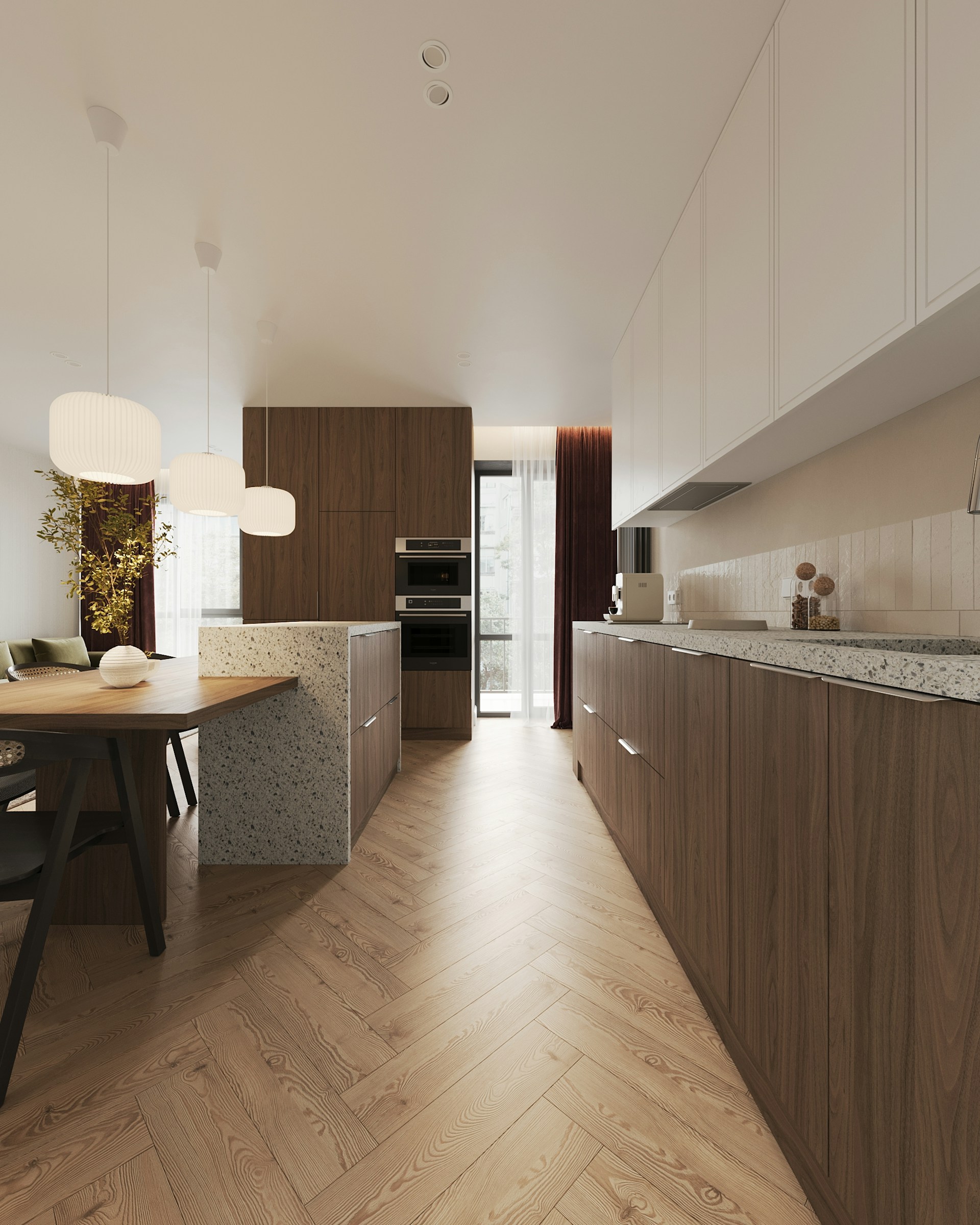 Contemporary kitchen and hallway with durable luxury vinyl plank flooring